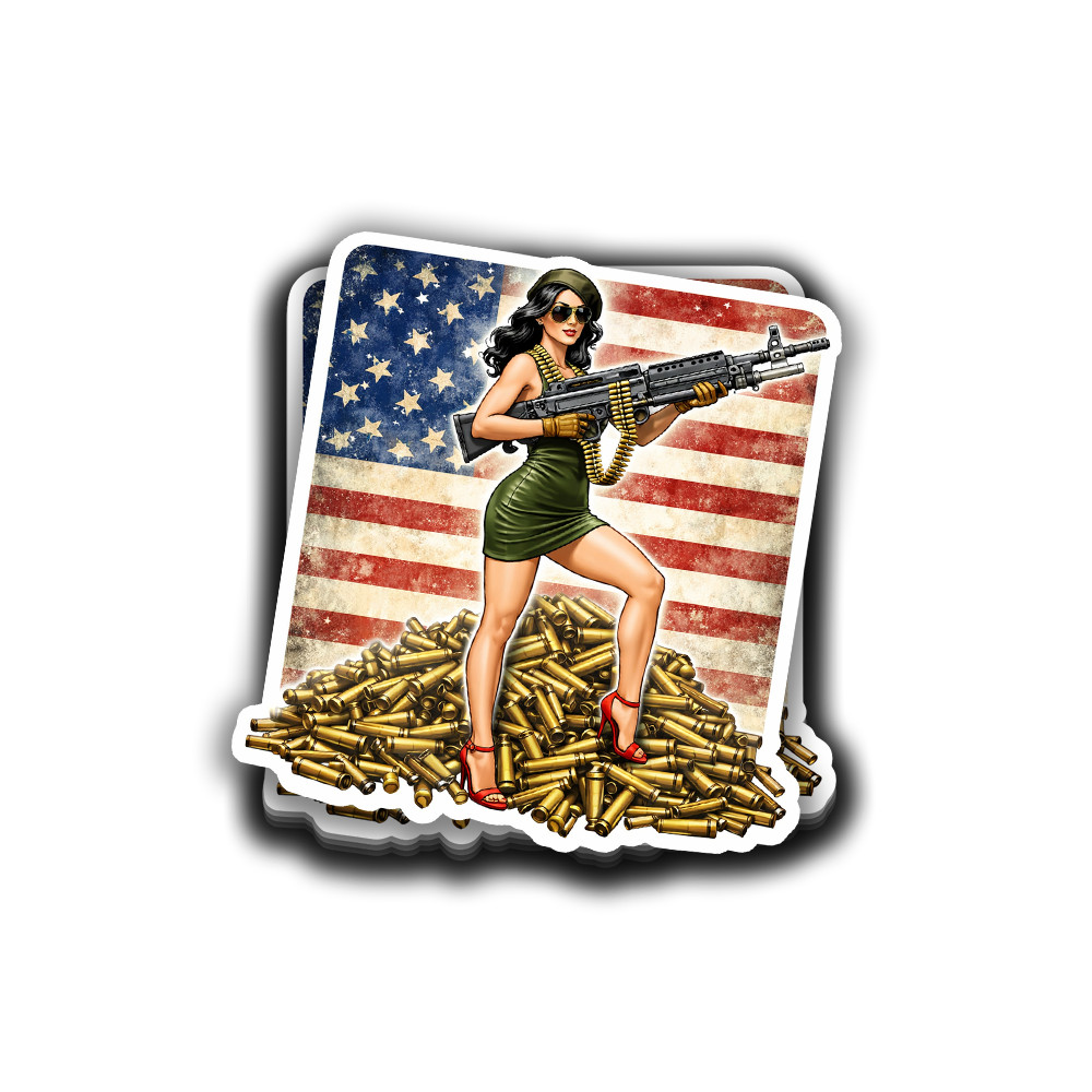 WWII Pin-Up Machine Gun Girl Vinyl Sticker 3.5 Inch Waterproof USA