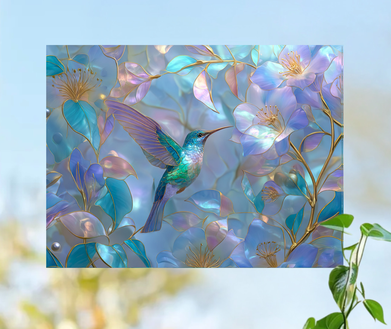 Hummingbird Faux Stained Glass WINDOW CLING Size 10.6" Vinyl Window Decoration