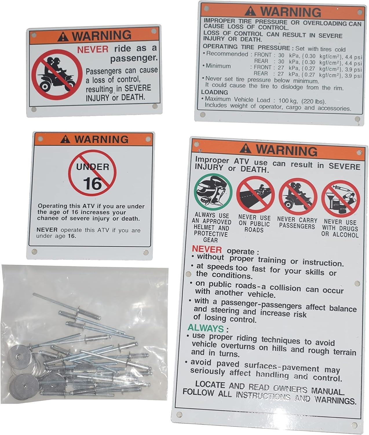 Warning Decals Compatible with ATV Models