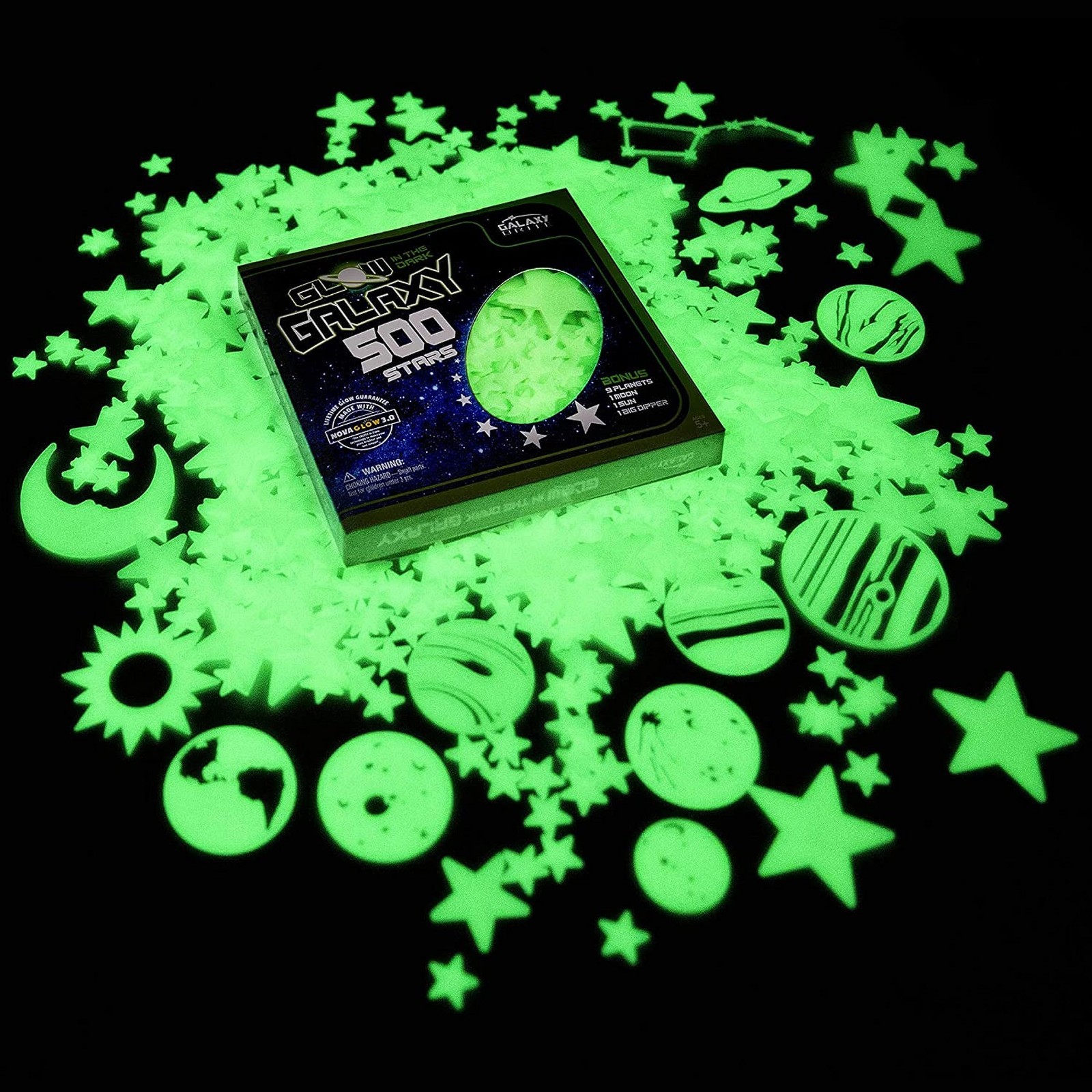 Glow in The Dark Ceiling Stars – 500 Count, Jumbo Sun, 9 Planets, Moon & Big Dip