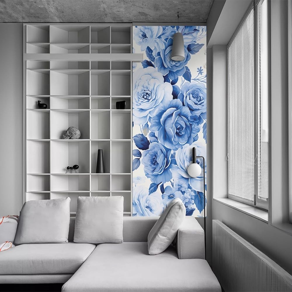 REDAMANCY White Blue Rose Floral Vintage Peel and Stick Door Stickers Vinyl D…