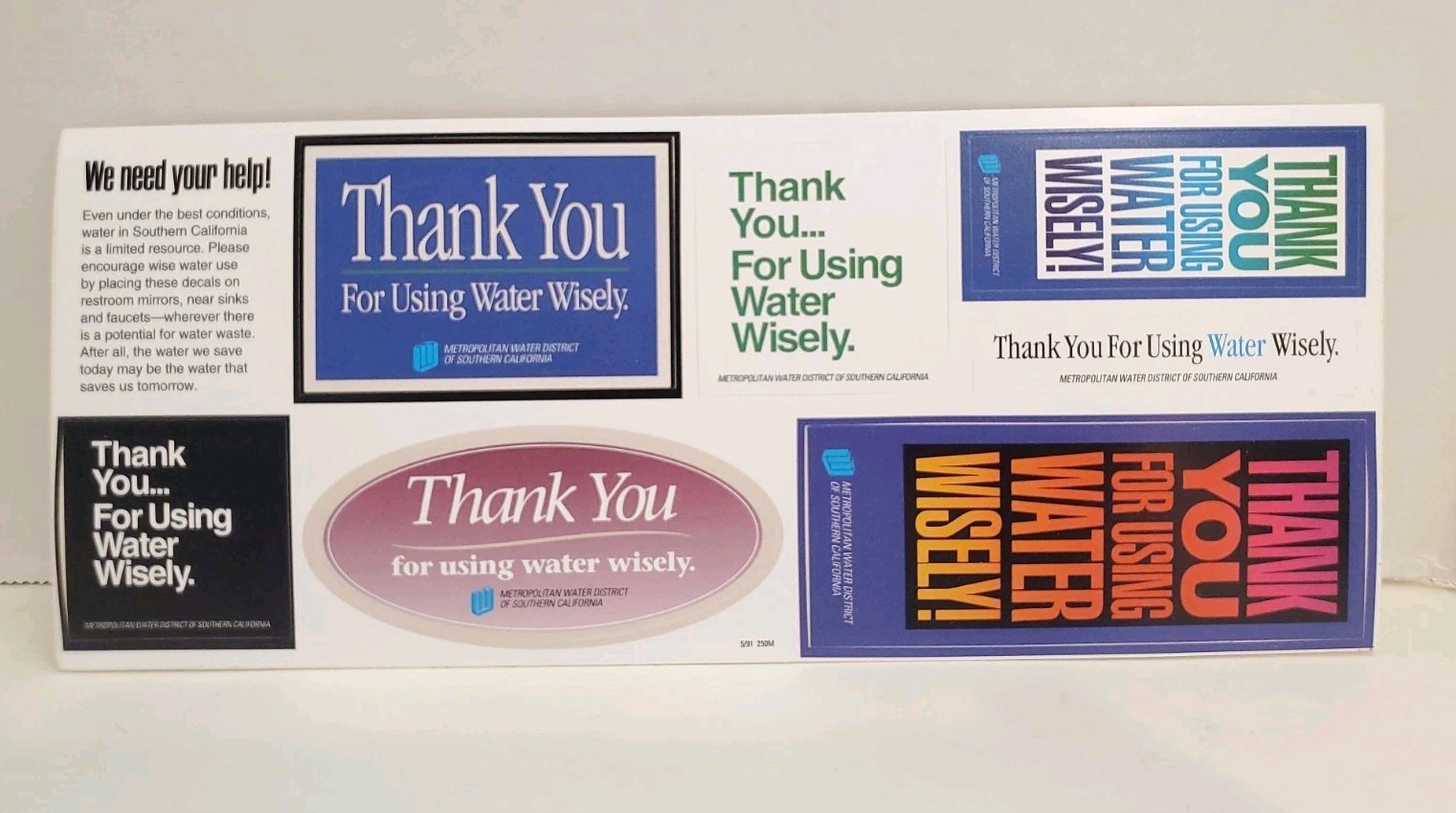 1991 Metropolitan Water District Southern California Sticker Sheet UNUSED