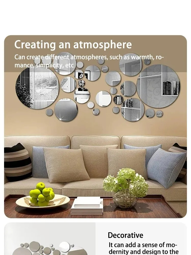26 PCs 3D Acrylic Mirror Wall Sticker Round DIY Home Decor