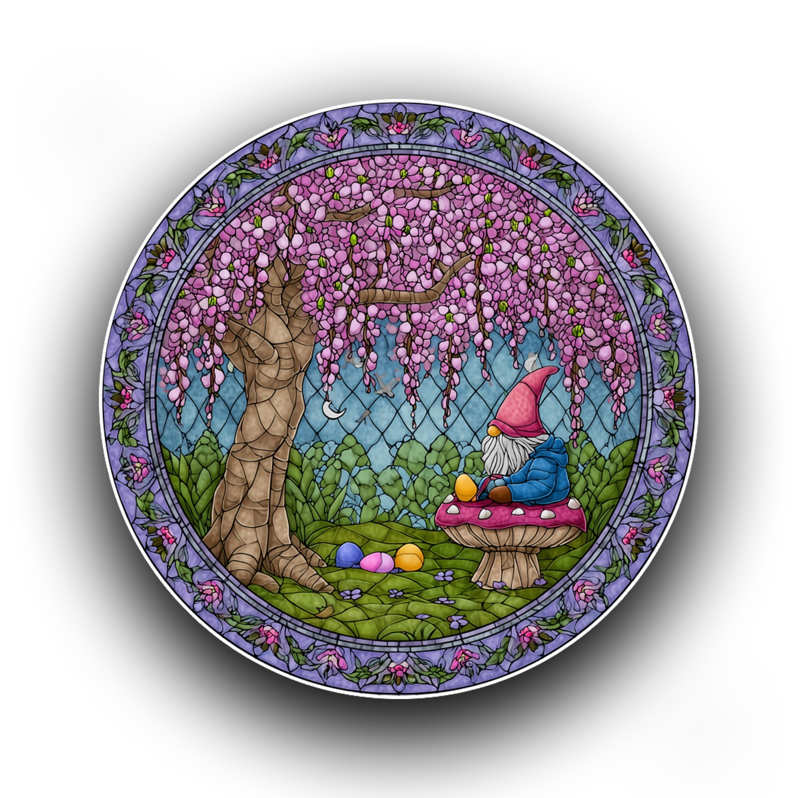 Spring Gnome Mushroom Toadstool Stained Glass Style Opaque Vinyl Sticker Decal