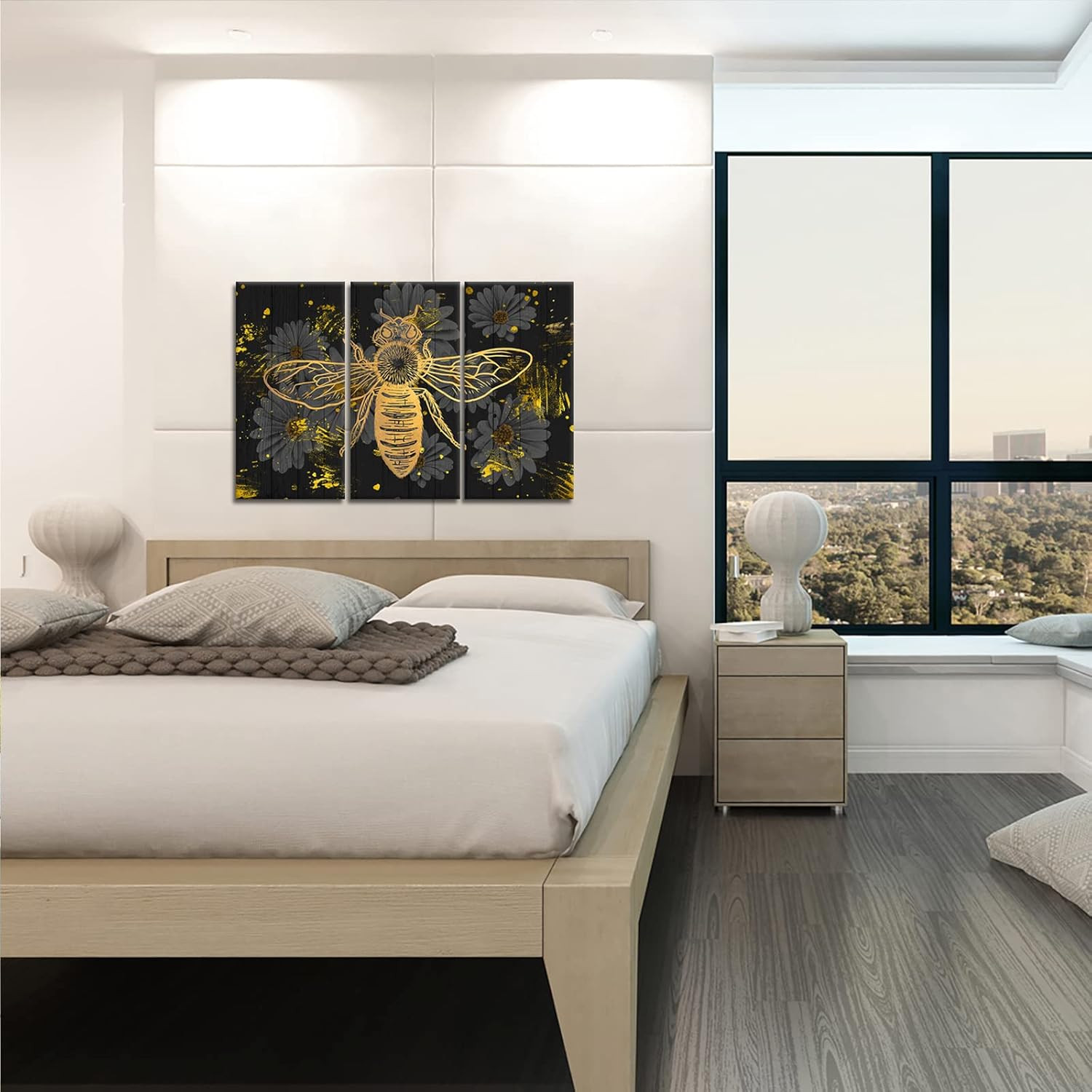Bee Canvas Wall Decor Bumblebee Honey Daisy Flower Painting Picture Black and Go