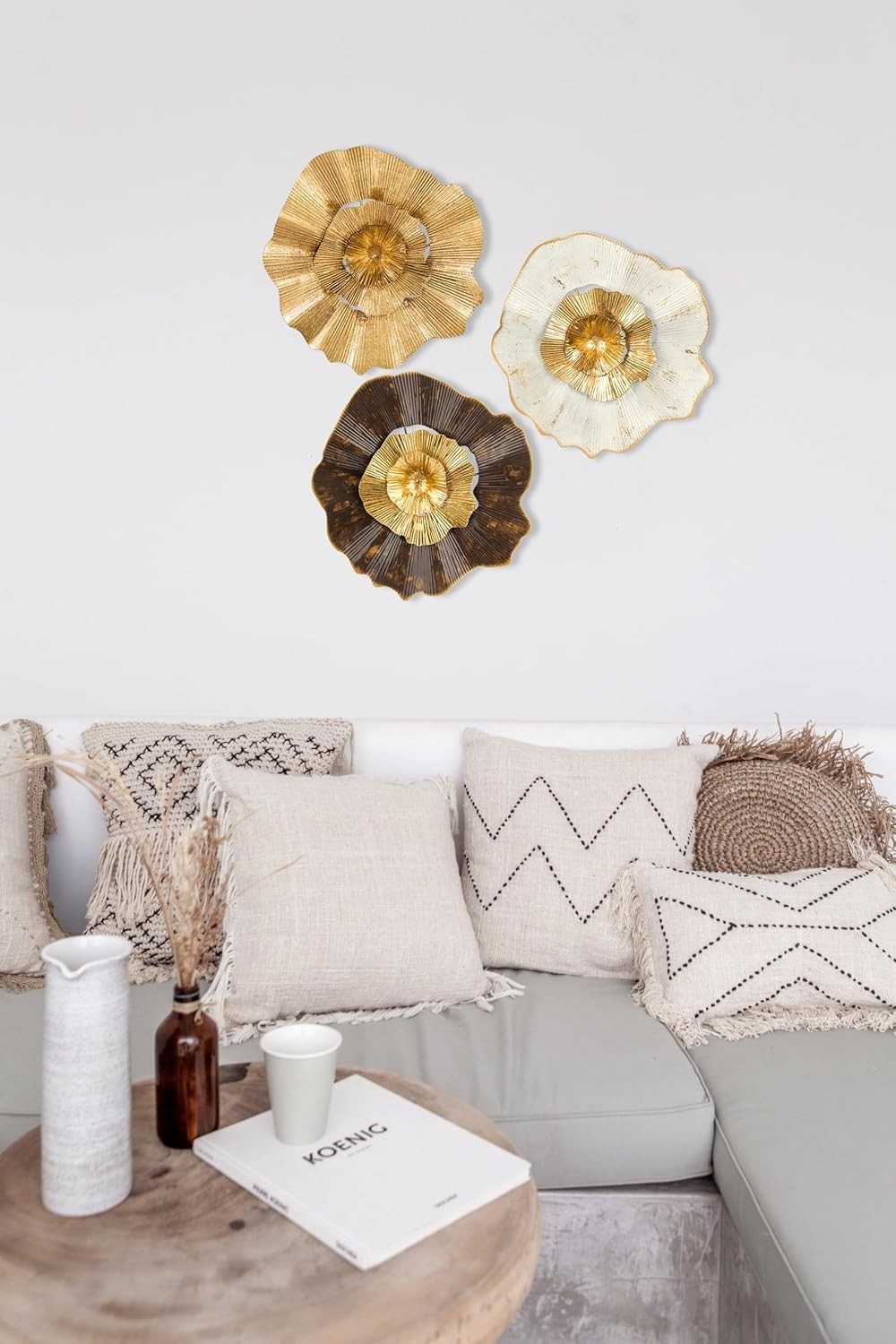 Elegant 12” Gold Metal Flower Wall Art – Abstract 3-Piece Set for Home