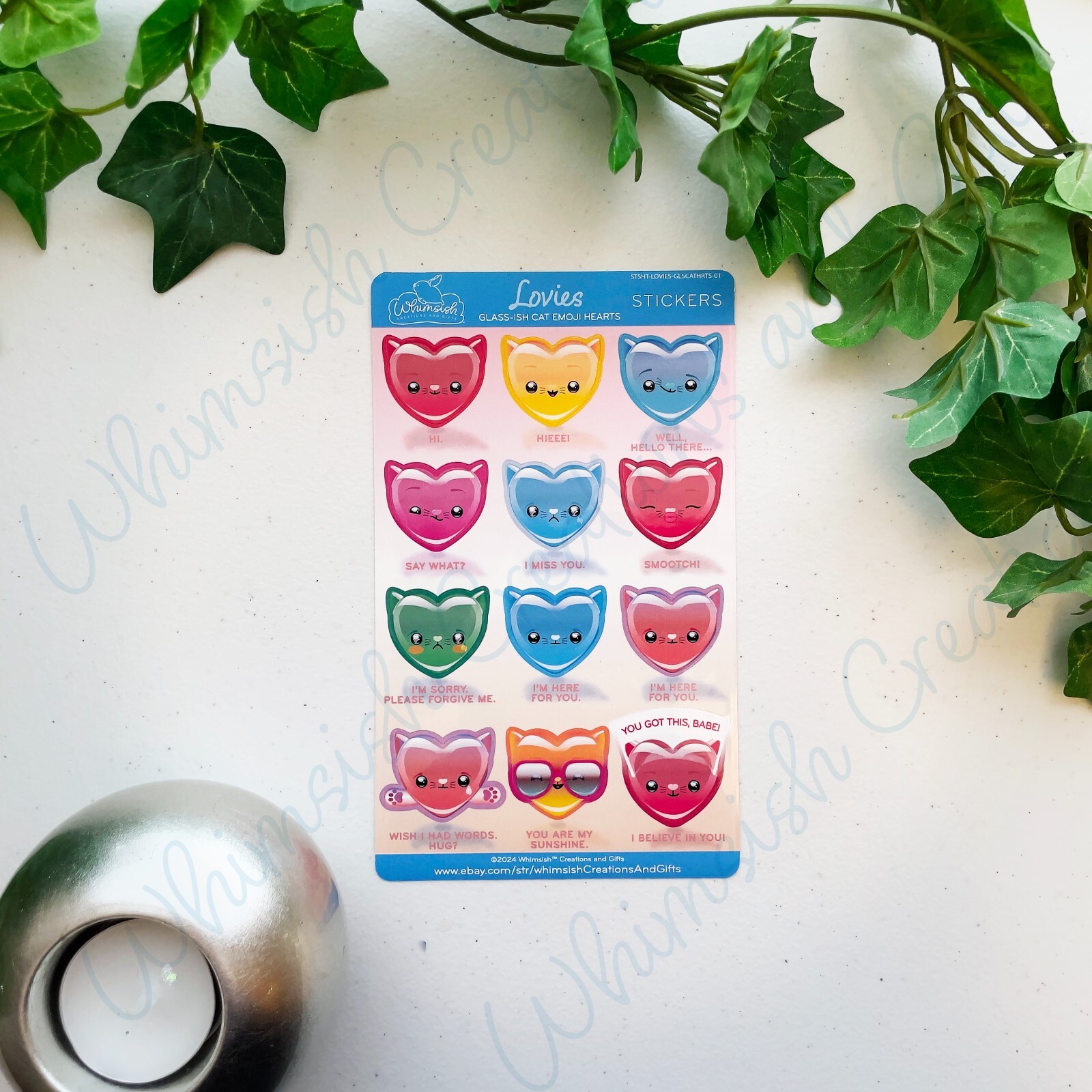 Sticker Sheet—Lovies Glass-ish Cat Emoji Hearts 01, Laminated Vinyl Stickers
