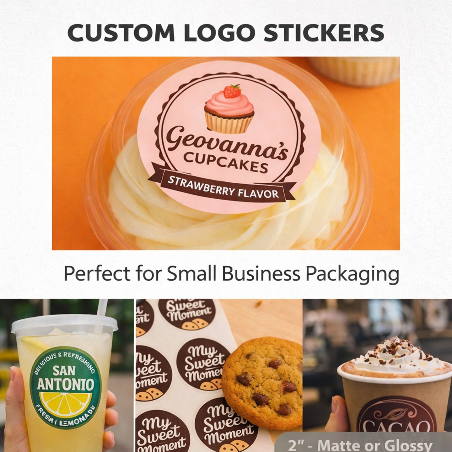 100 Small Business Packaging Stickers Custom Logo Labels 2" Matte or Glossy
