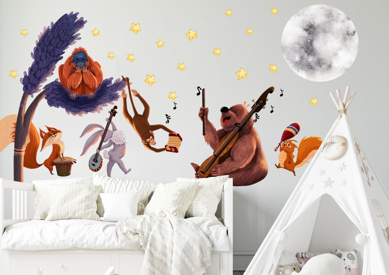 Forest Party Night Bear Fox Moon Monkey for Kids Nursery Wall Decal Sticker