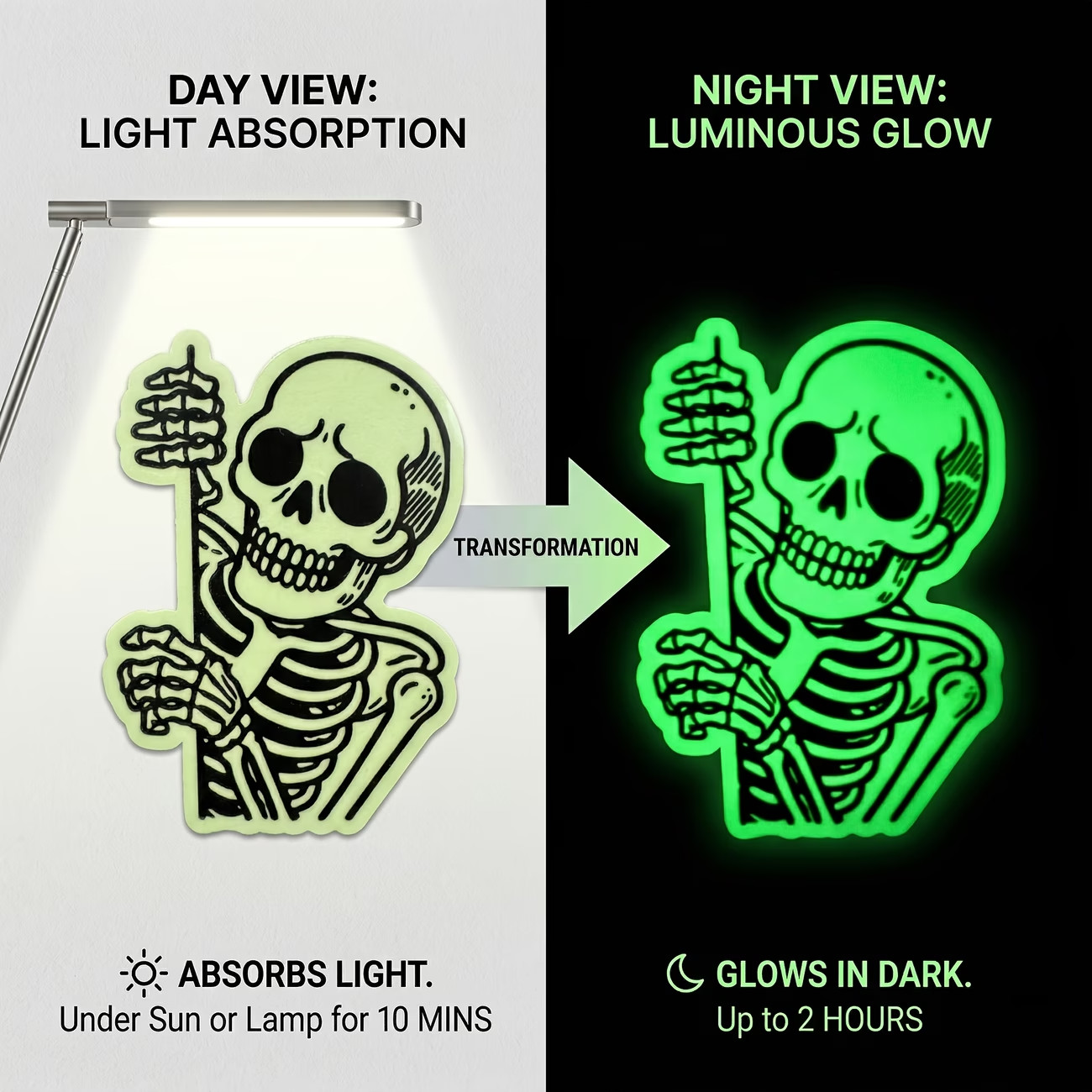 3" Funny Peeking Skull Glow in the Dark Sticker, Premium High Quality PVC Vinyl