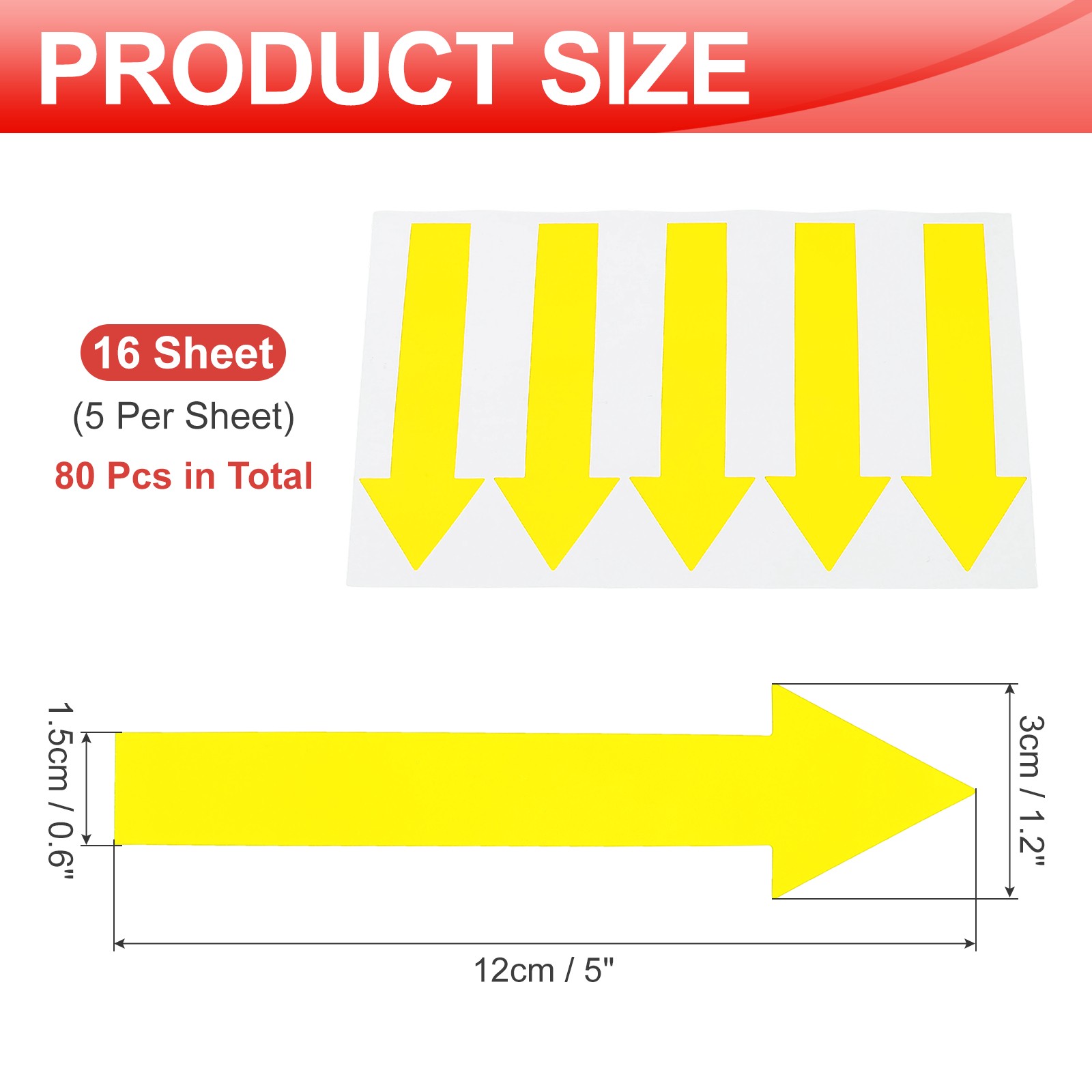 Arrow Sticker, (5×1.2 Inch, Yellow) (80 Pcs), Waterproof Arrow Sign Sticker
