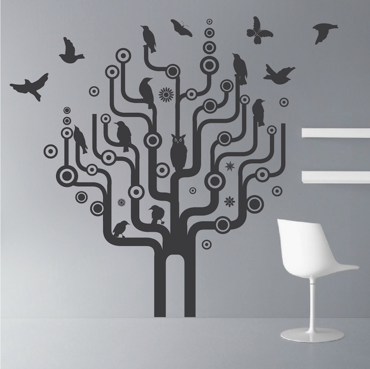 Urban Bird Tree Wall Art Design, Cool Tree And Bird Wall Vinyl, Artsy Tree, a14
