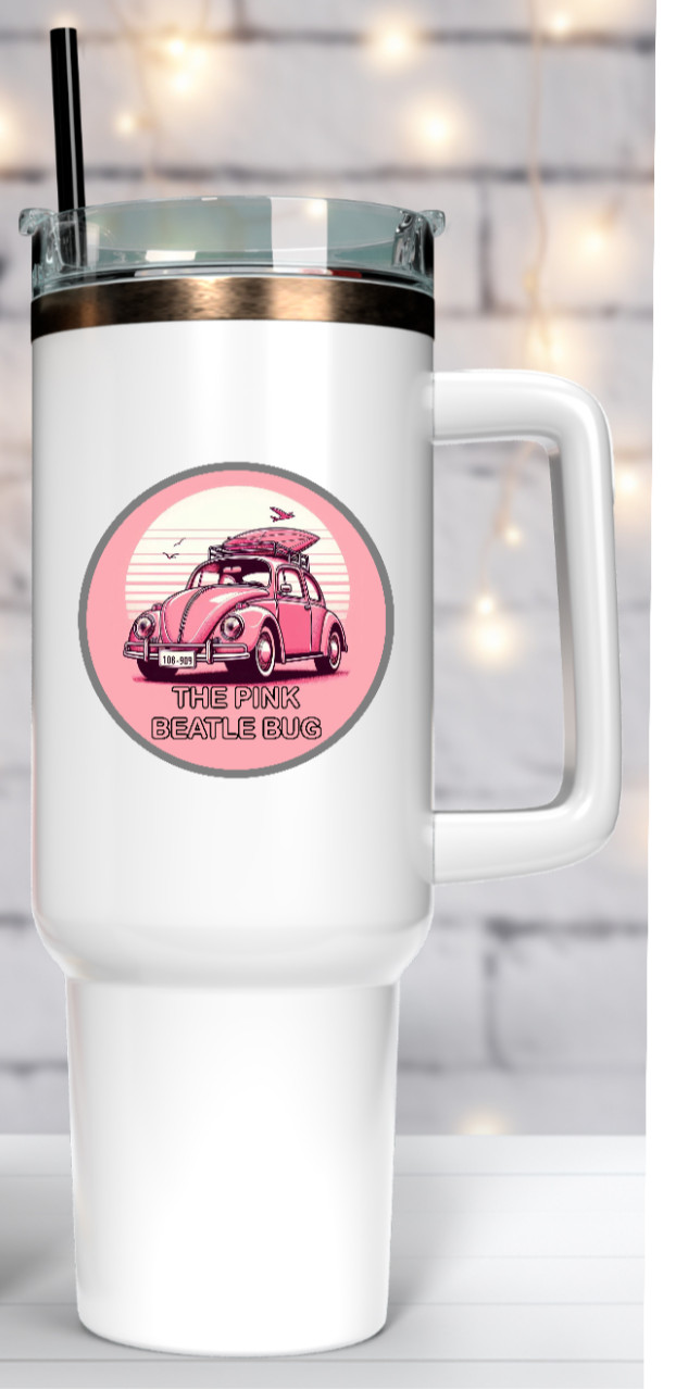 Car Classics "VW Beatle Bug Pink " – 4" Handcrafted Vinyl Decal Vehicle Cooler