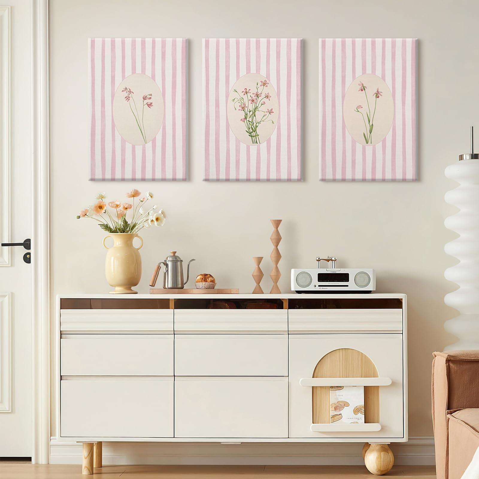 Pink Flower Wall Art Striped Floral Prints Botanical Canvas Wall Decor Aesthe…