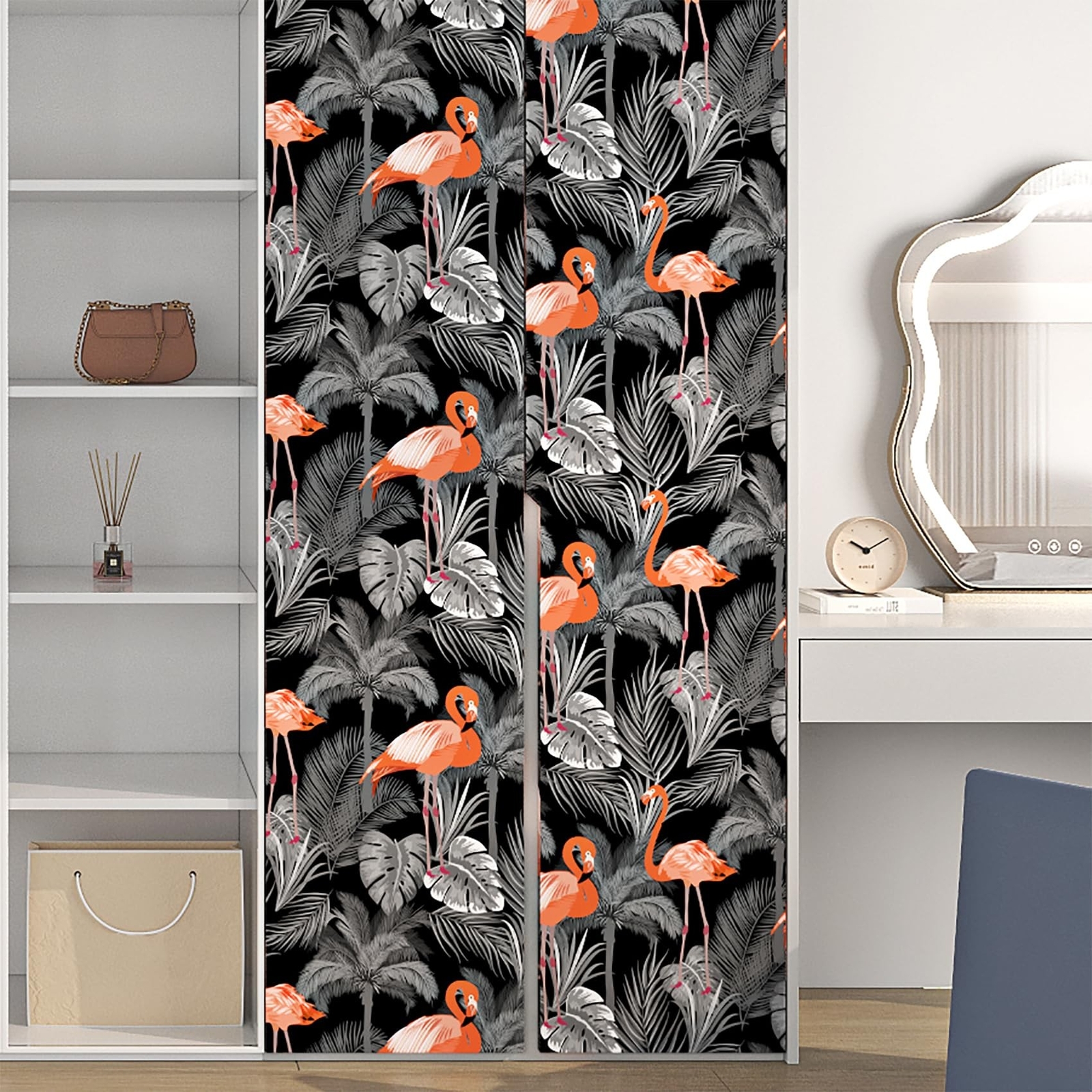 17.5in×23ft Peel and Stick Wallpaper Tropical Dark Grey Leaf Orange Flaming