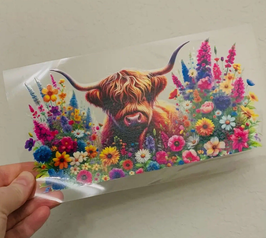 UV DTF “Highland Cow In Wildflowers ” Wrap DIY Transfer 16oz Glass Cup/Mug NEW