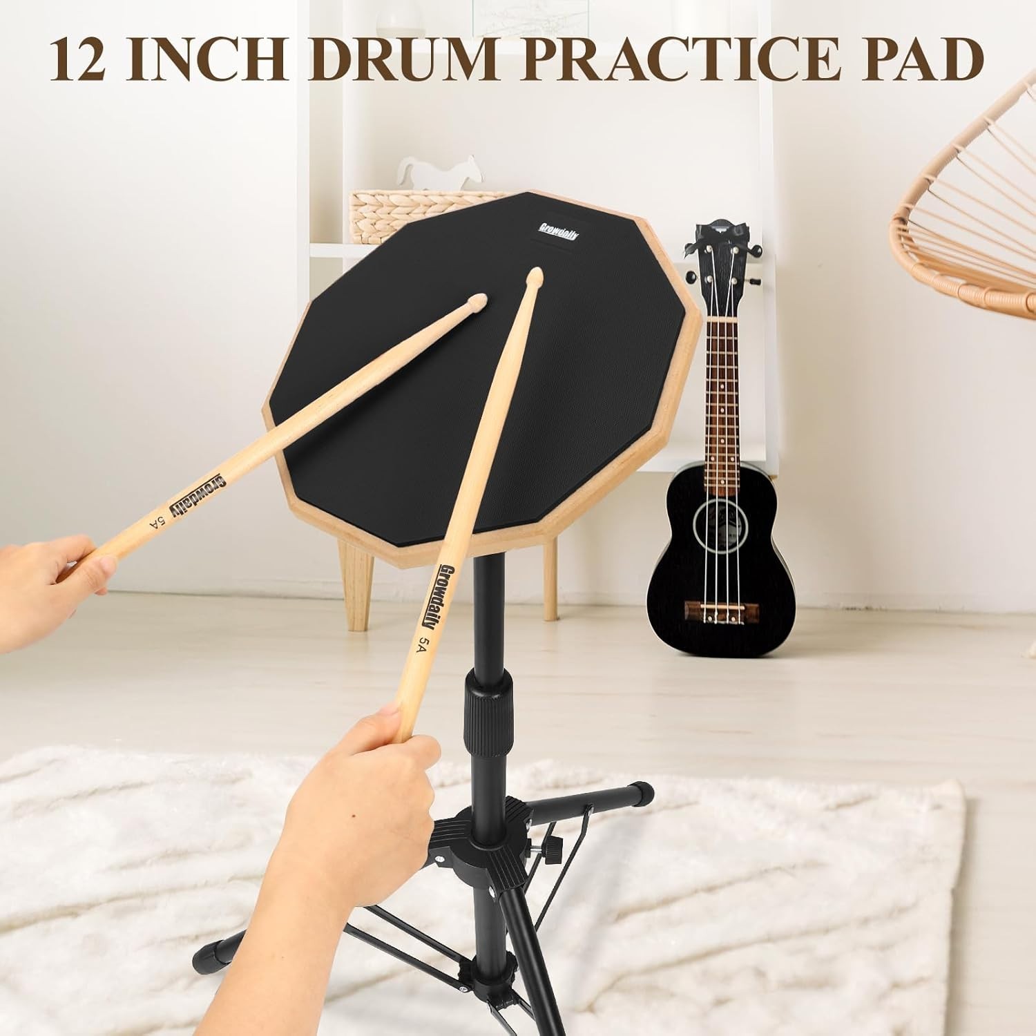 Drum Practice Pad Snare Drum Stand Set 12 In With Double Sided Silent Drum Pad,