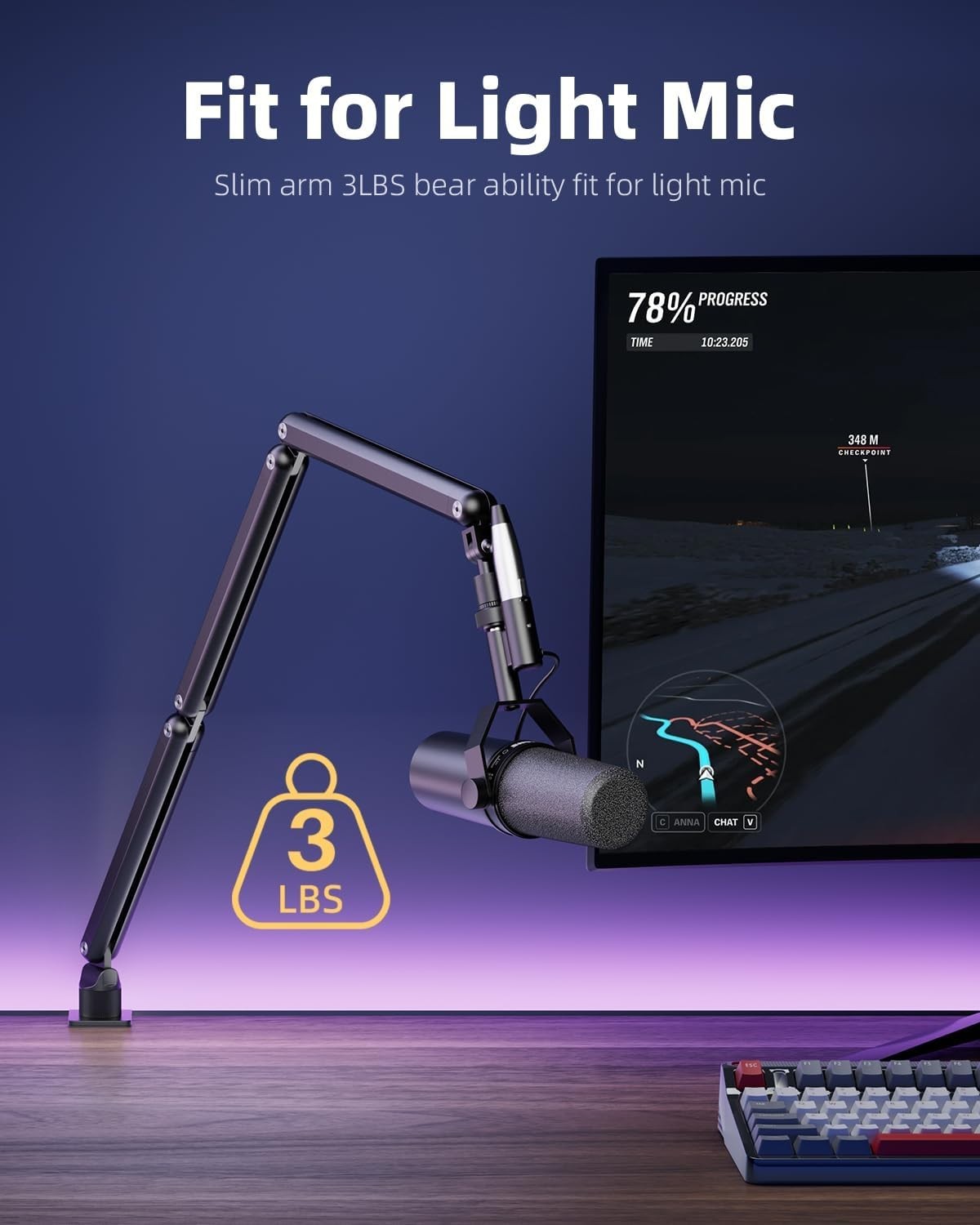Mic Arm for Lightweight Mics, Microphone Arm Rotatable, Storable Desk Mic Stand