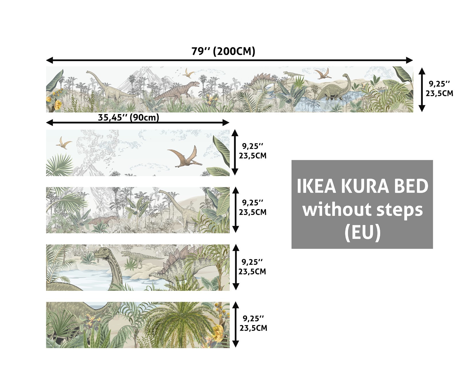 Dinosaur Jungle IKEA KURA Bed Decals, Watercolor Dino Vinyl Stickers