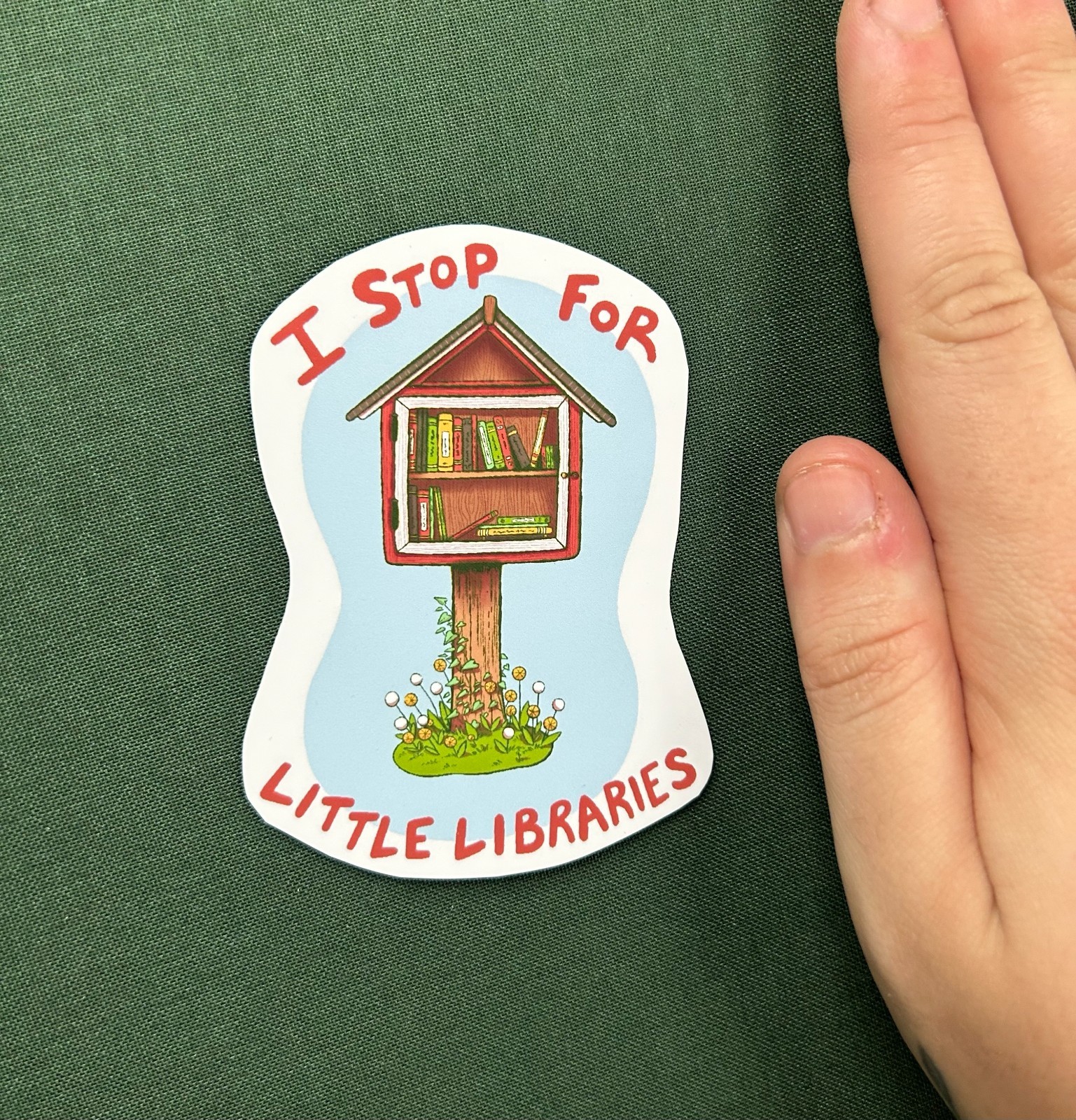 STICKER – "I Stop for Little Libraries" glossy sticker, 4 inches, original art!