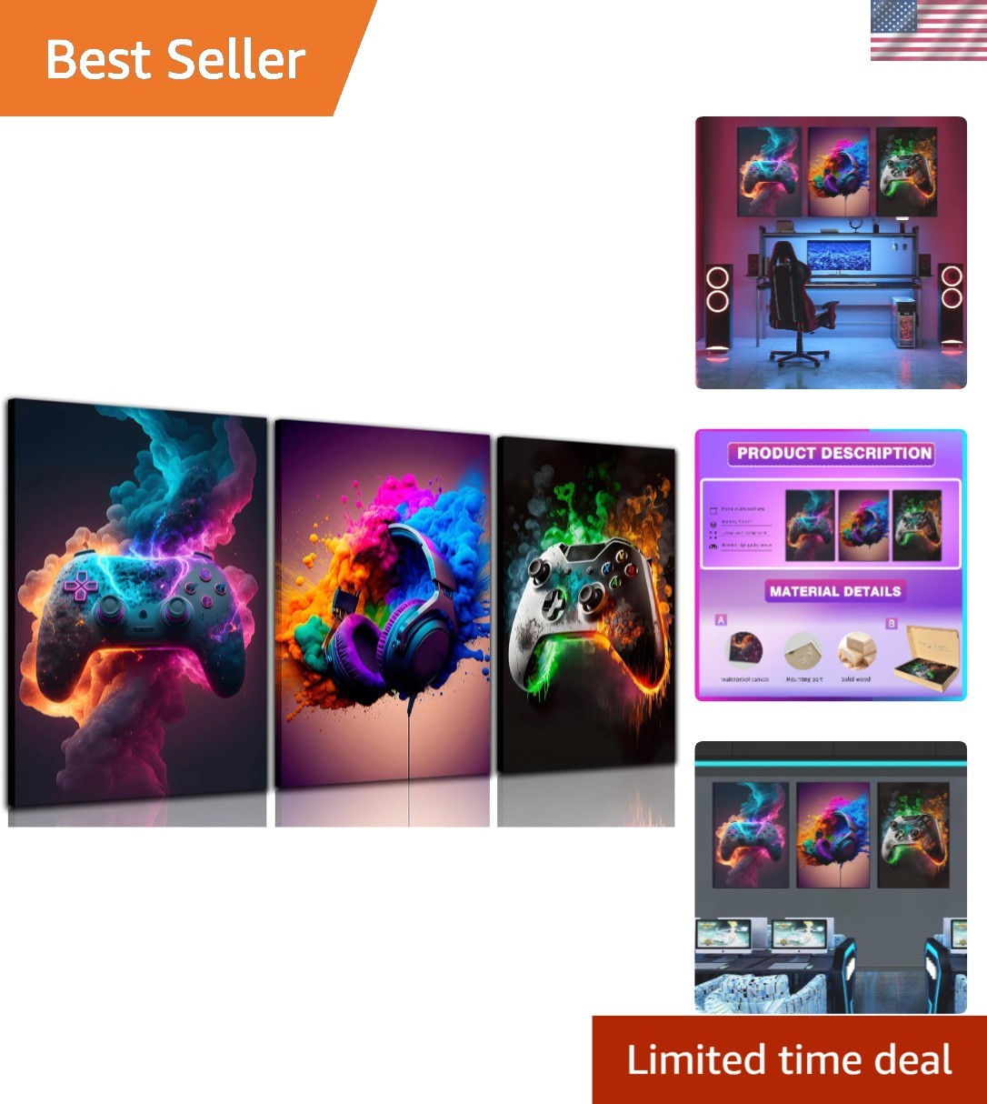 Vibrant Gaming Wall Art Set of 3 – Neon Canvas Prints for Teen Rooms