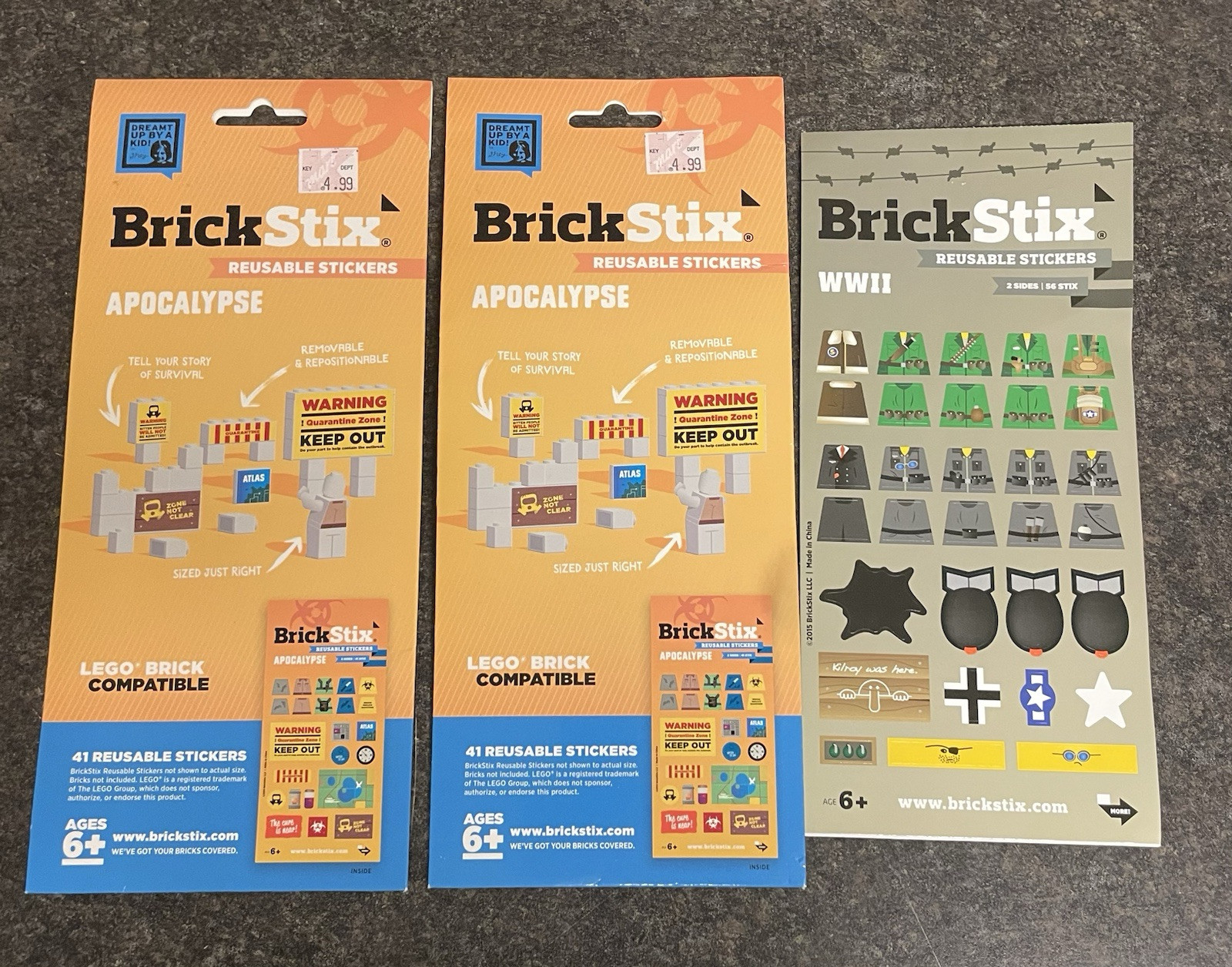 Lot of 3 Brick Stix Reusable Stickers 2 Apocalypse / 1 WWII