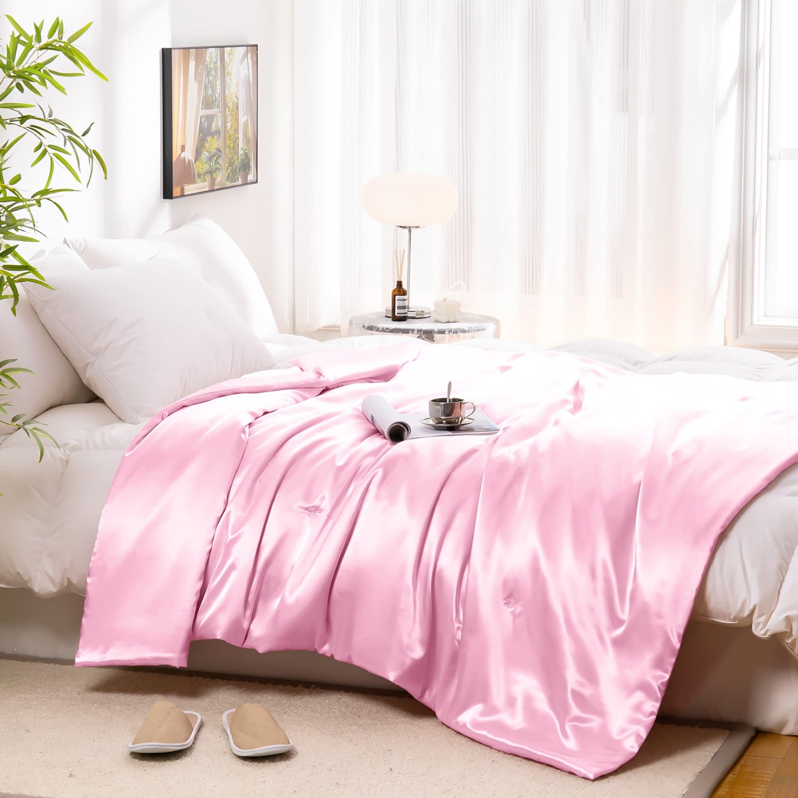 Vonty Satin Throw Blanket Blush Pink Satin Blankets 60×80 Inches, Cooling & S…