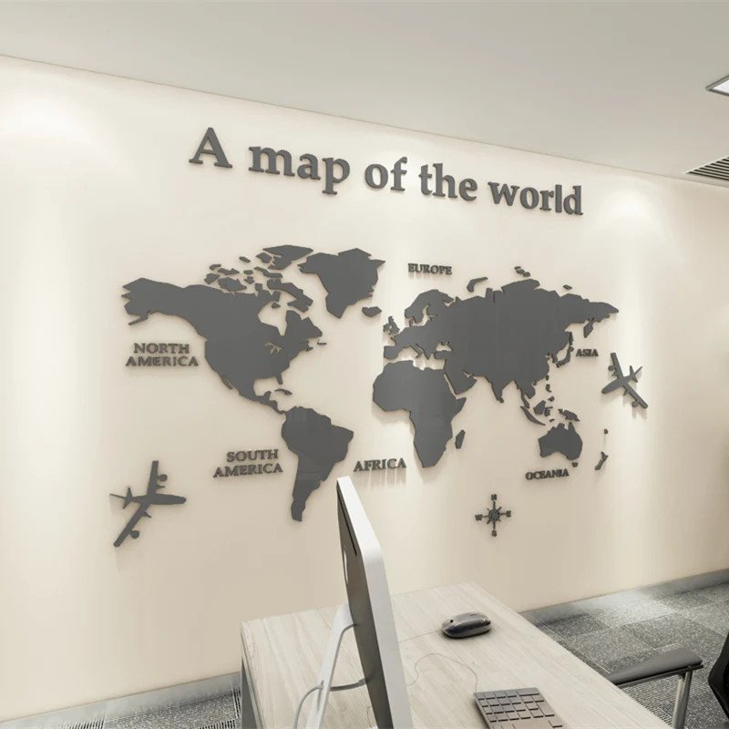 3D World Map Wall Sticker Acrylic Solid Color Crystal Bedroom Wall With Living