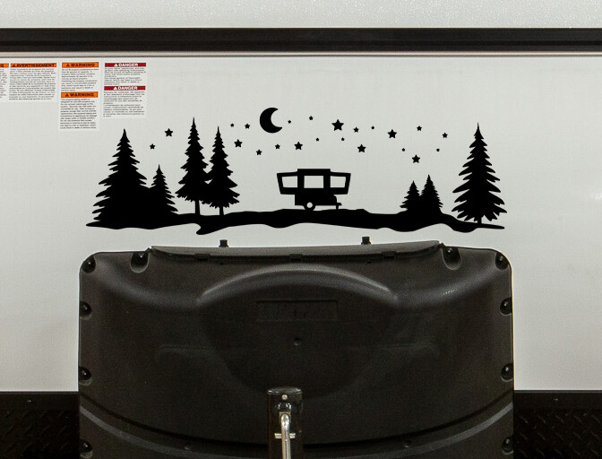 Pop-Up Camper Moon Stars Vinyl Decal – Trees Forest Graphics – Die Cut Sticker