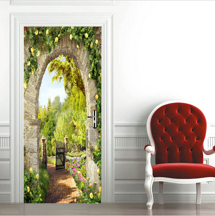 3D Self Adhesive Door Sticker Garden Stone Arch Door Wall Decor Mural Wallpaper