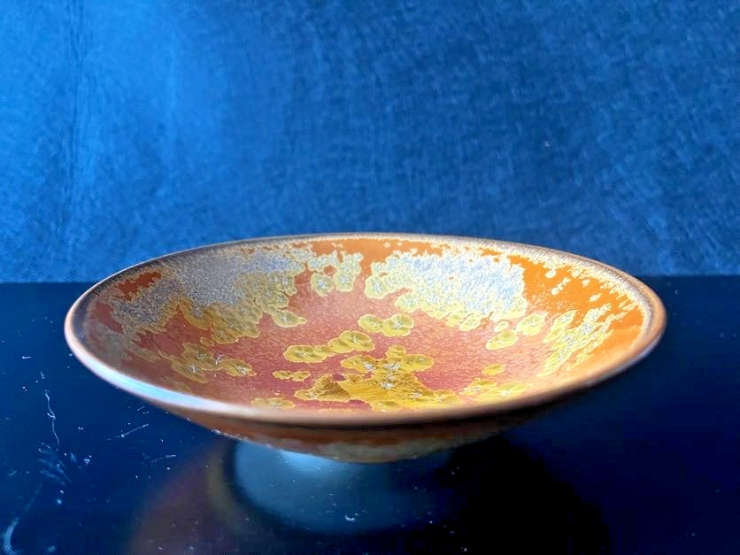 Baba Shinemon Japanese Crystal Glaze Tea Bowl Gold Orange Chawan Signed