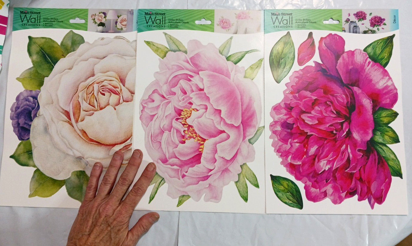 Wall Decals 10" Flowers. Rose + Pink. 3 sets. Peel and stick floral decorations