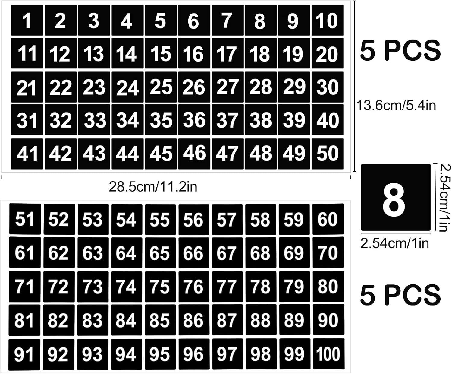 AIEX 10 Sheets Number Stickers 5 Sets of 1-100 Vinyl 1*1 inches, Black, White
