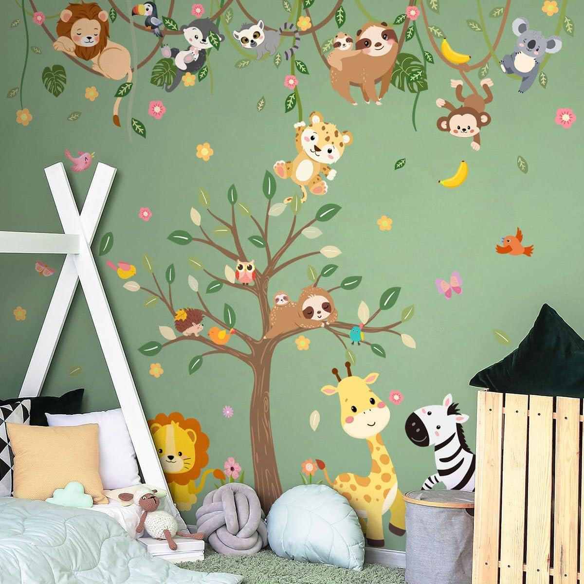 Large Jungle Animals Tree Wall Decals Safari Animals Climbing Trees Wall Sticker