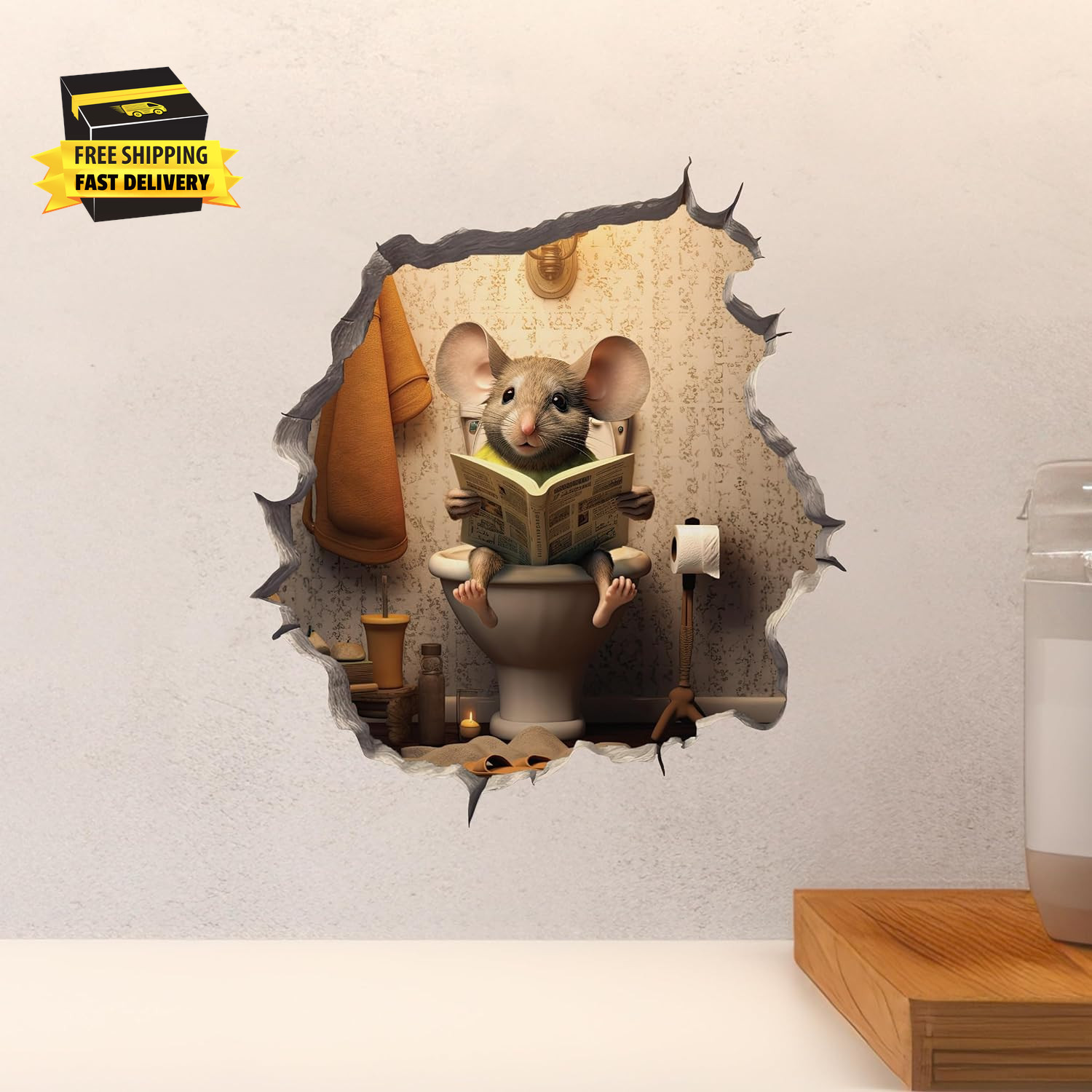 Mouse Sitting on Toilet in Mouse Hole Decal – Mouse Hole Sticker with 3D Effect