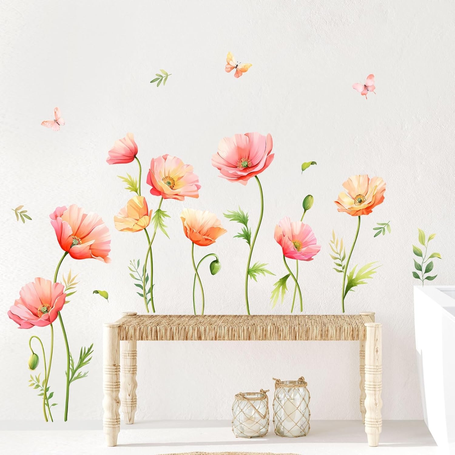 Large Pink Floral Wall Decals Poppy Flower Butterfly Multi-colored