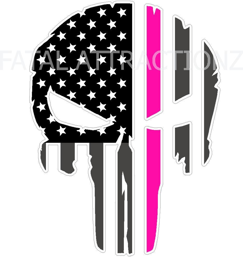 Rugged American Flag Skull Hot Pink Line Vinyl Sticker Decal breast cancer
