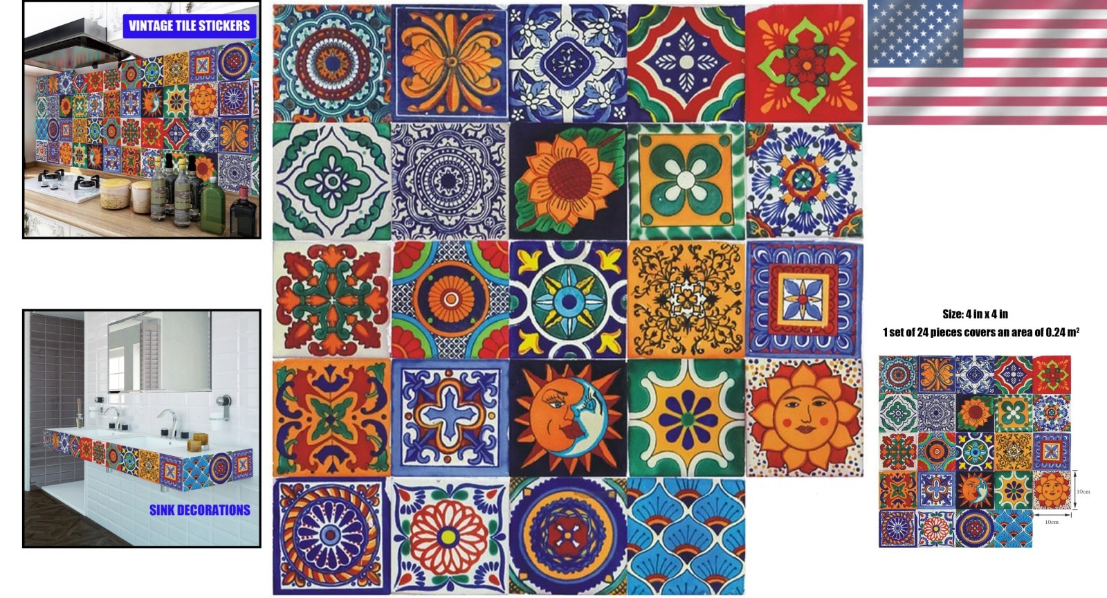 Retro Bohemian Tile Stickers – 24 Waterproof Wall Decals for DIY Decor