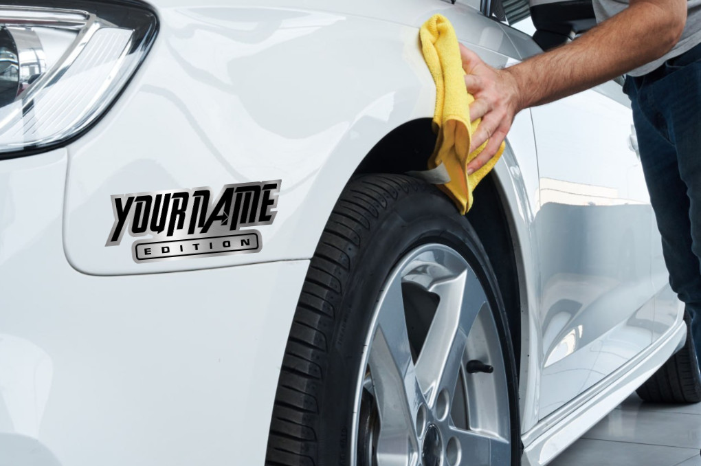 Custom Car Badge Emblem – Your Text “EDITION” Name Plate, Brushed Silver Logo