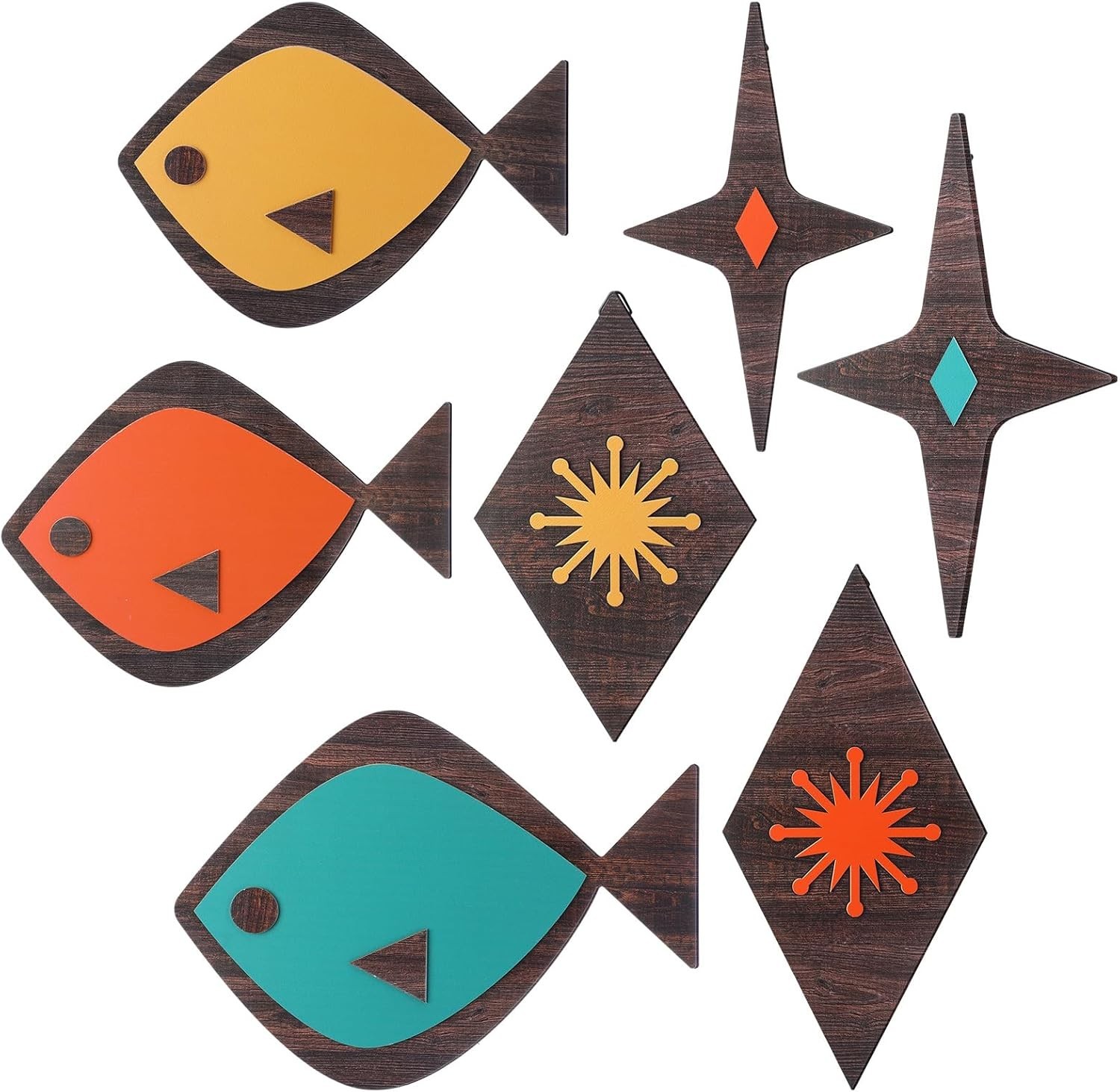7 Pcs Mid Century Modern Wall Art Abstract Fish Wall Decor Retro Atomic Stars