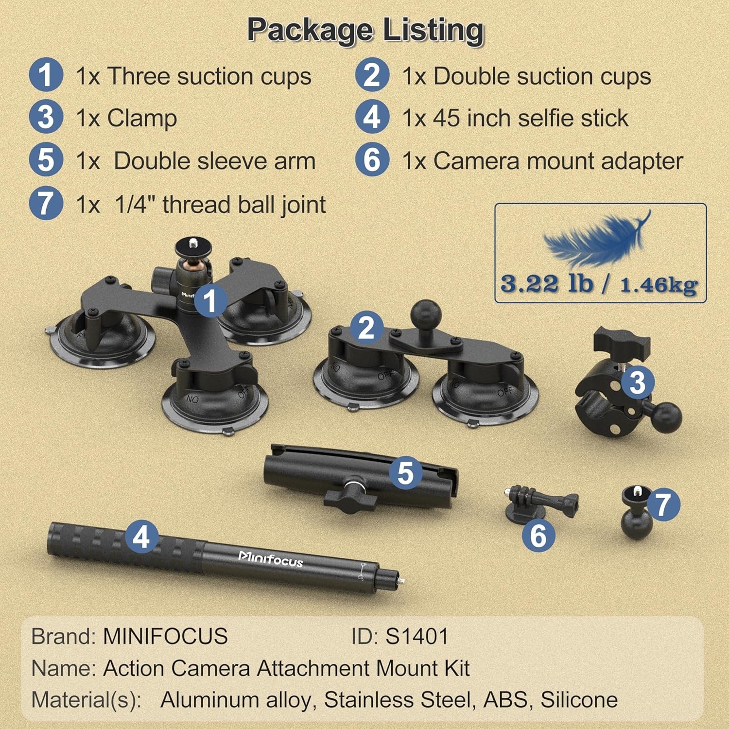 Suction Car Mount for Insta360 X5, X4, X3, 5 in 1 Suction Cup Camera Mount Kit w
