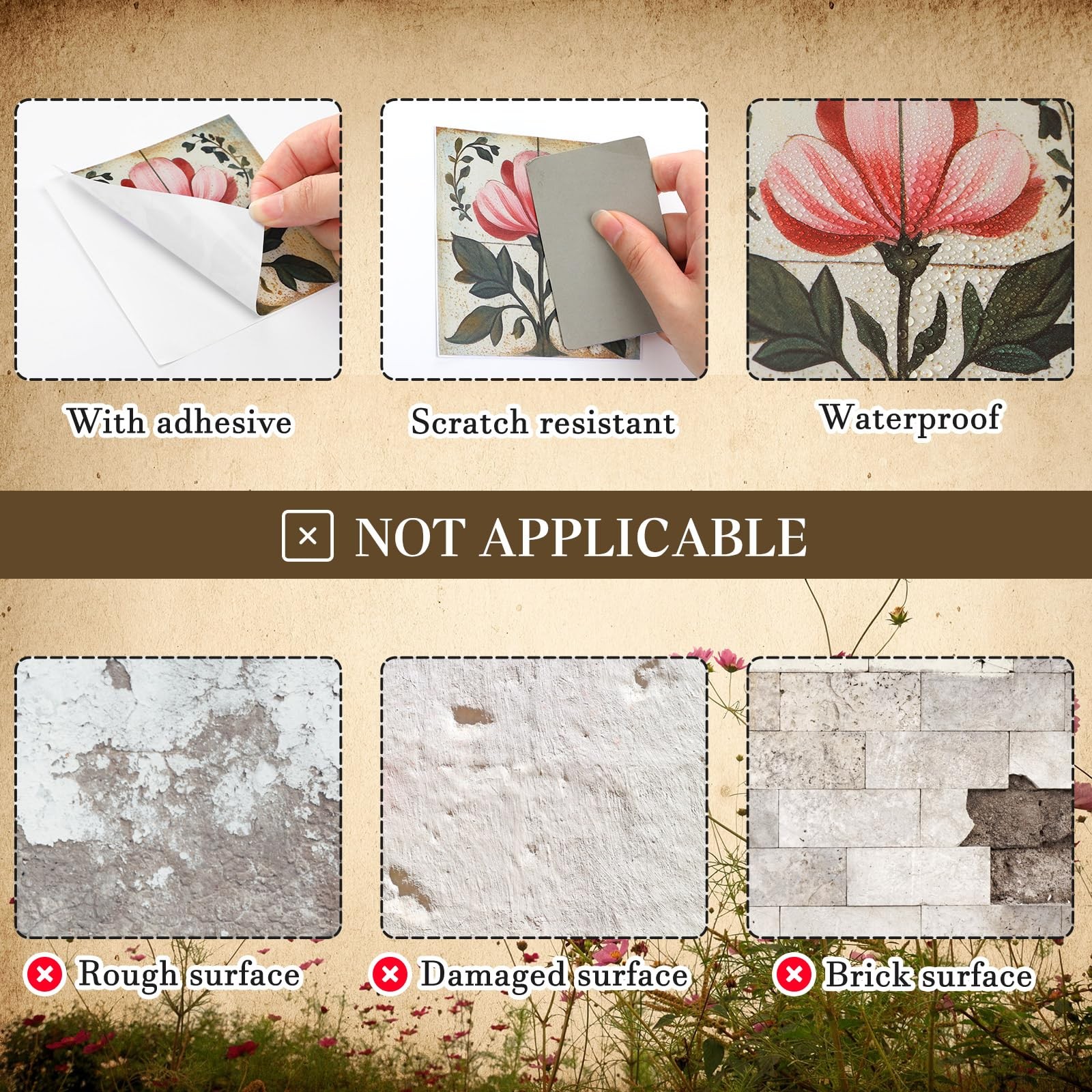 24 Pcs Flower Tile Stickers 4×4 Inch Watercolor Retro Rustic Floral Peel and …