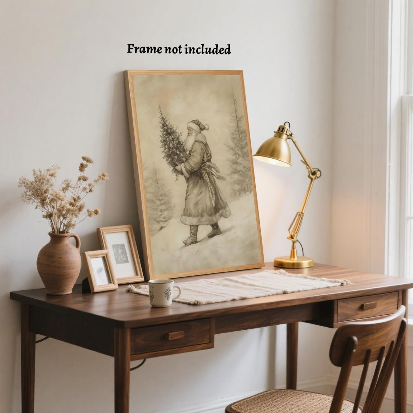 Vintage Christmas Wall Art Neutral Sketch Santa Claus Holding Tree Poster Farmho