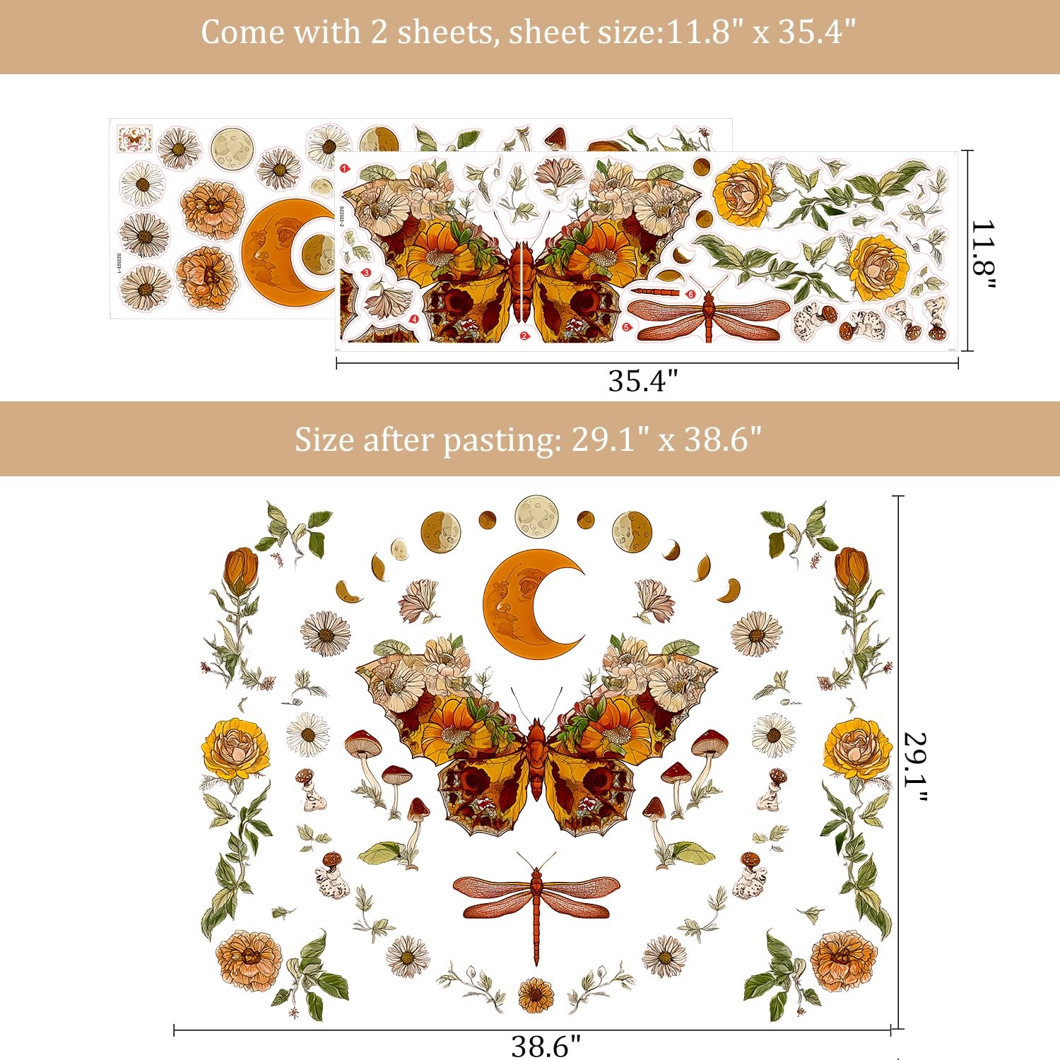 Boho Flowers Butterfly Wall Decals Peel and Stick, Sun and Moon Vinyl Wall De…