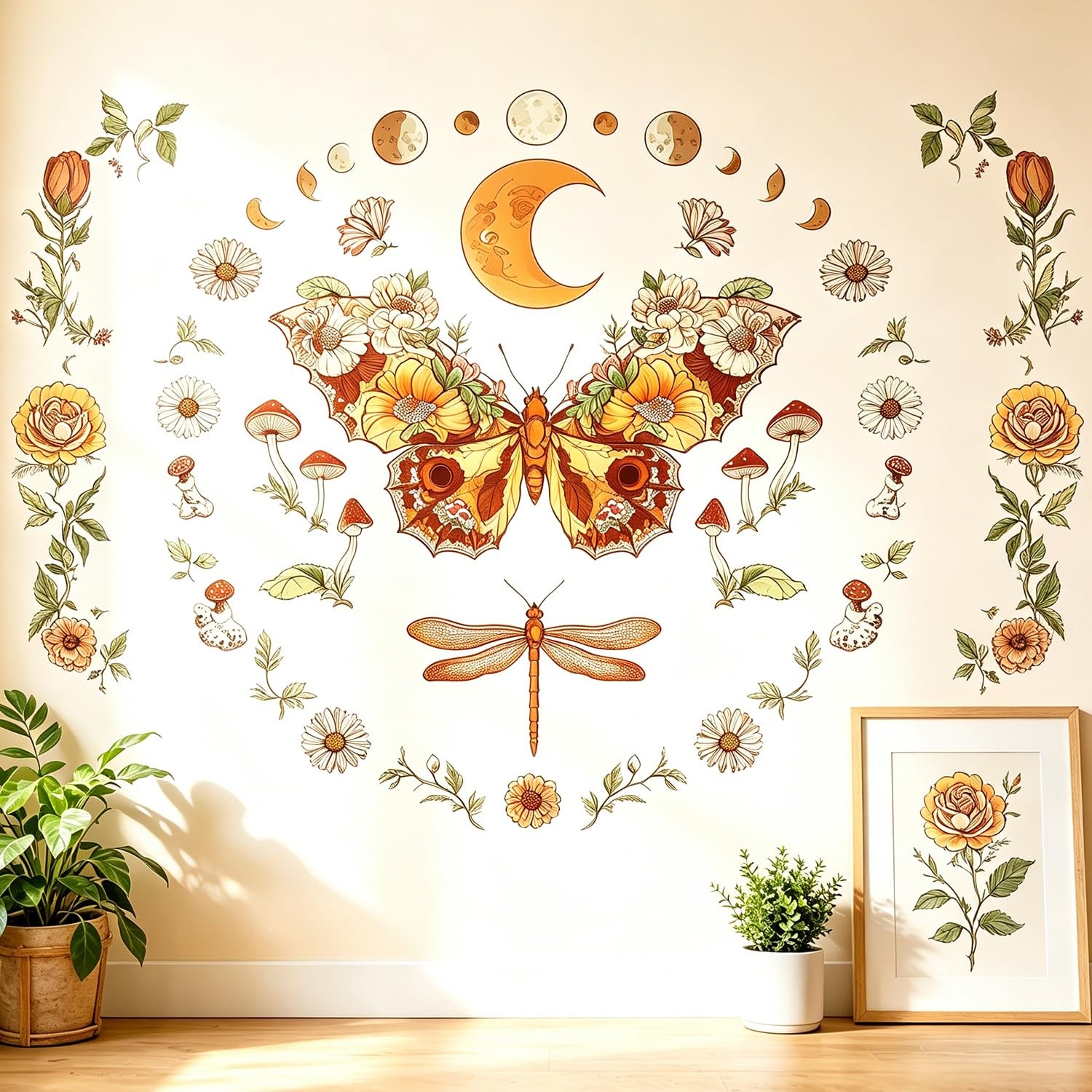 Boho Flowers Butterfly Wall Decals Peel and Stick, Sun and Moon Vinyl Wall De…
