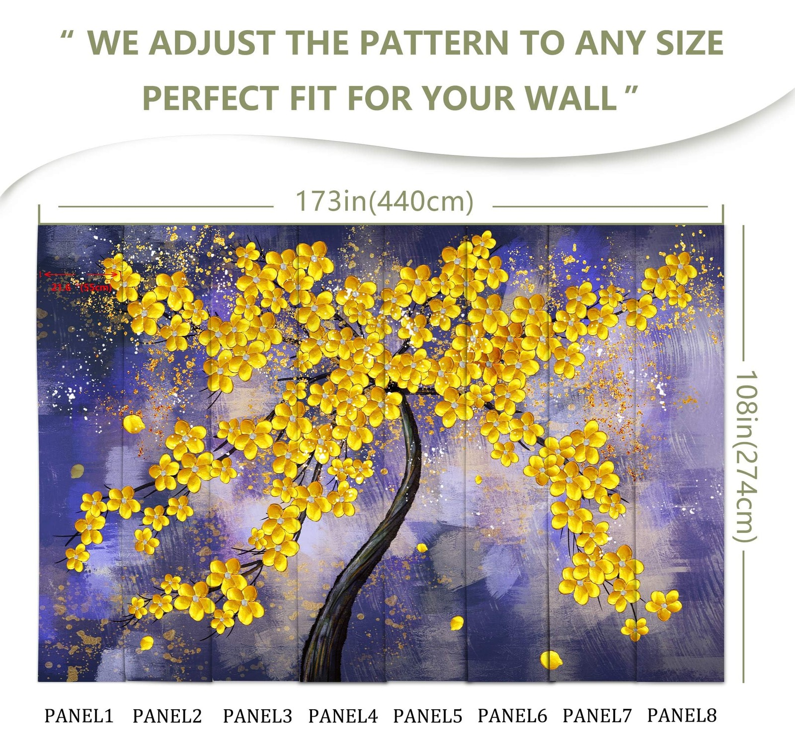 LOOWAP Yellow Flower Tree Wall Mural Purple Background Wall Decor for Bedroom