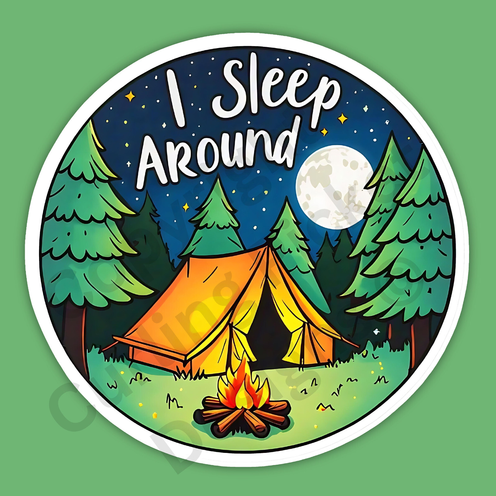 I Sleep Around Camping Humor Tent Campfire Forest Pun 3" Vinyl Sticker