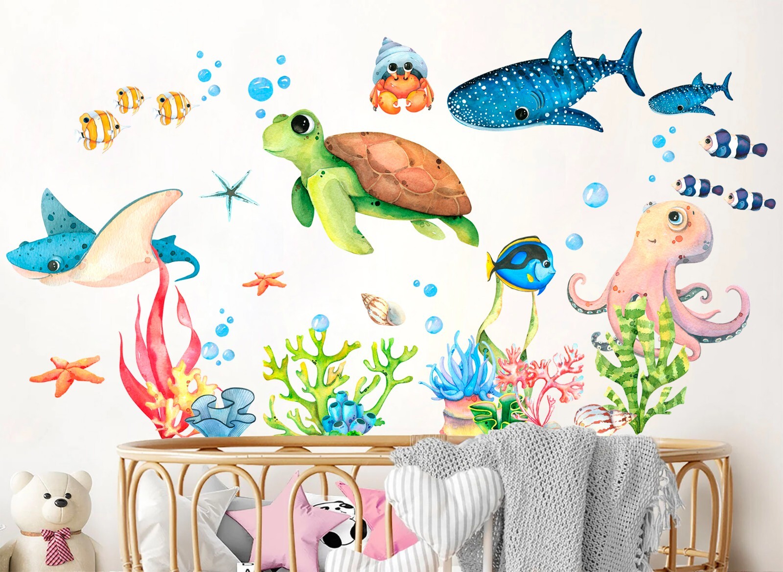 Underwater World Baby Whale Turtle Seahorse Coral Removable Wall Decal Stickers