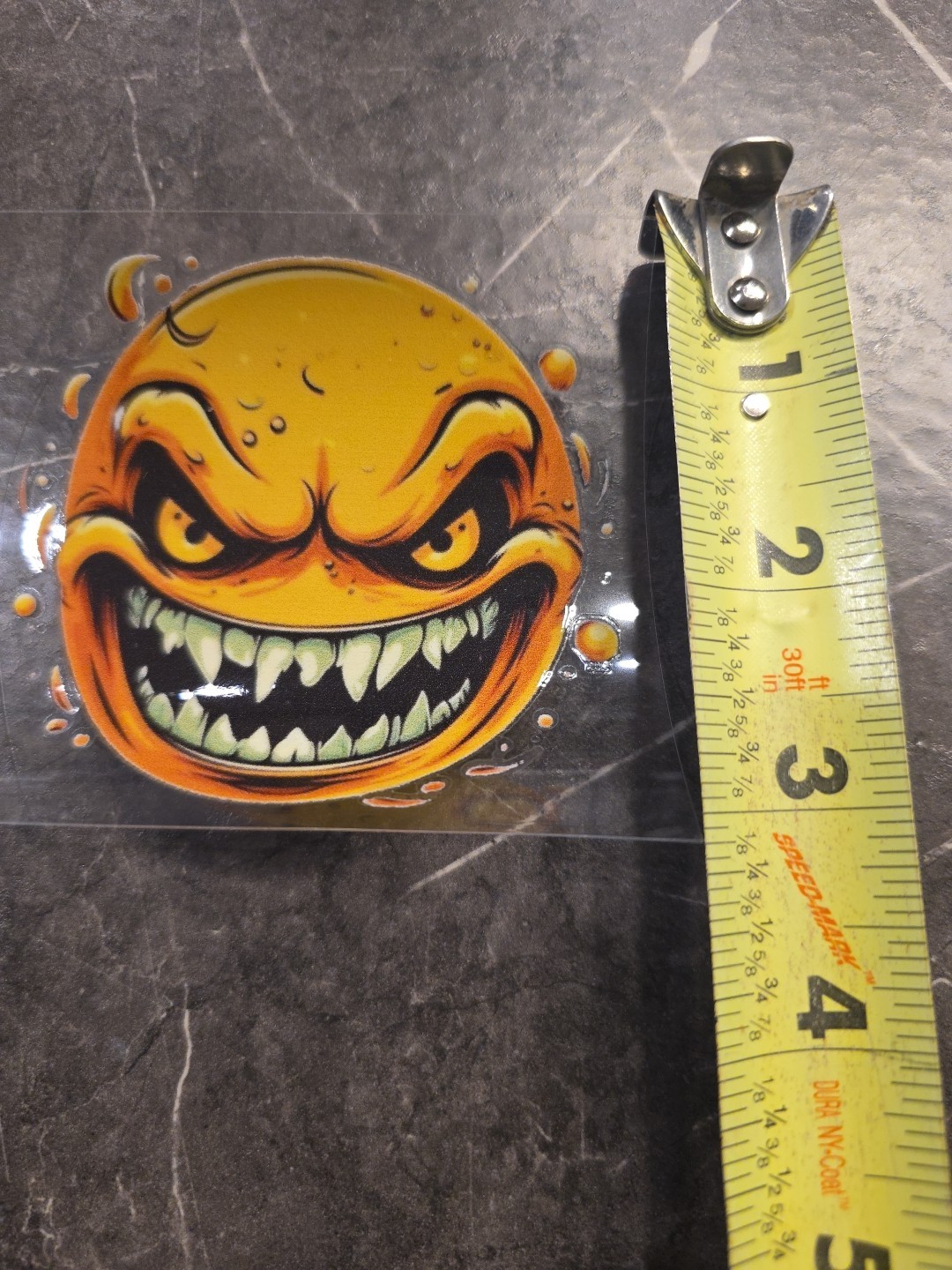 Evil Grin Smiley Face fangs UVDTF Raised Decal Sticker Full Color Waterproof