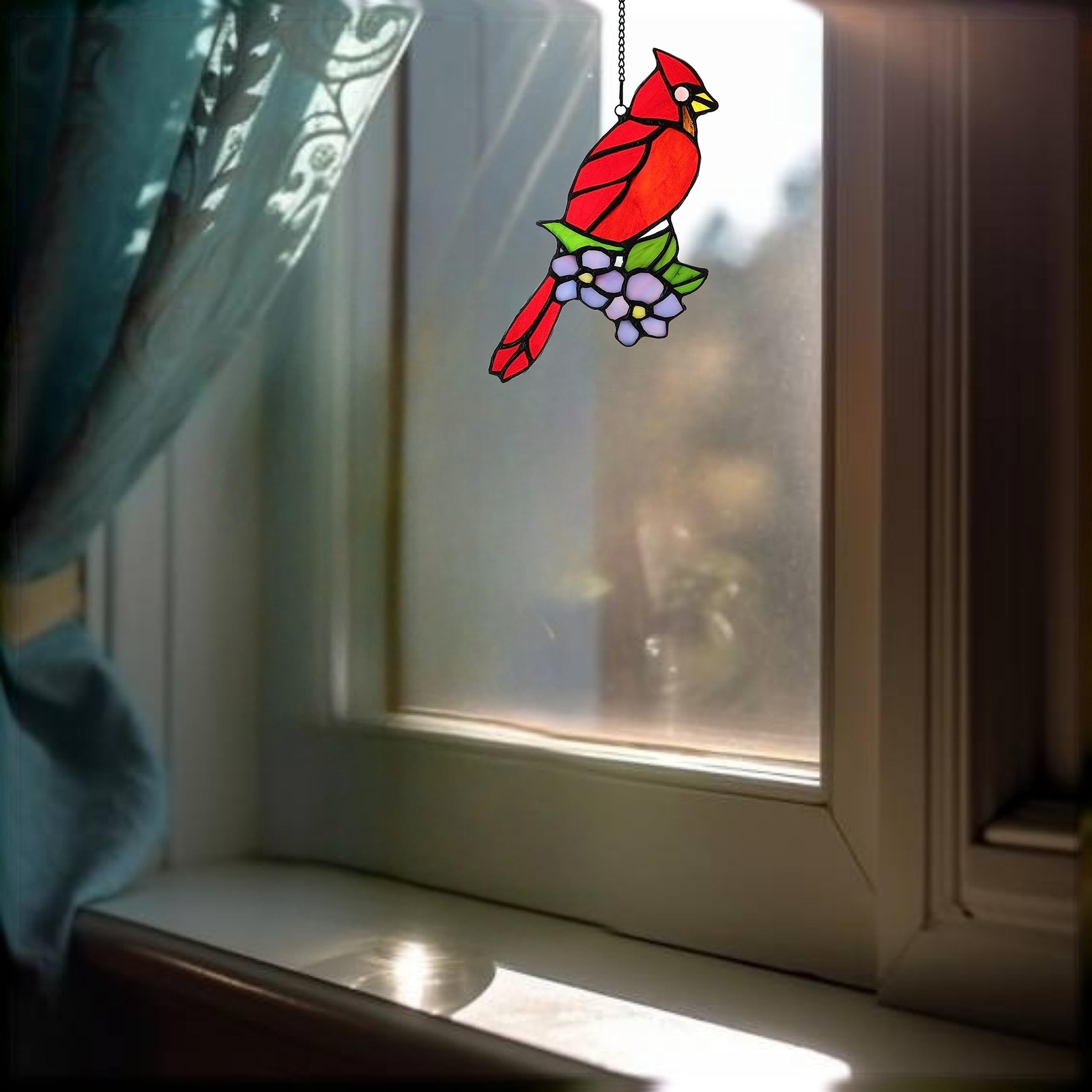 Cardinal Bird and Dogwood Stained Glass Window Panels Hangings Handcrafted Su…